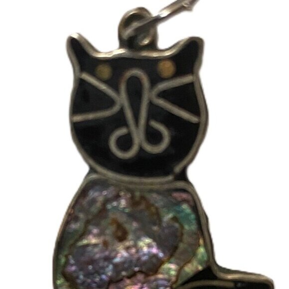 Vintage Abalone Alpaca (Mexican Silver)  and inlaid Enamel Cat Kitty Pendant - Picture 6 of 7